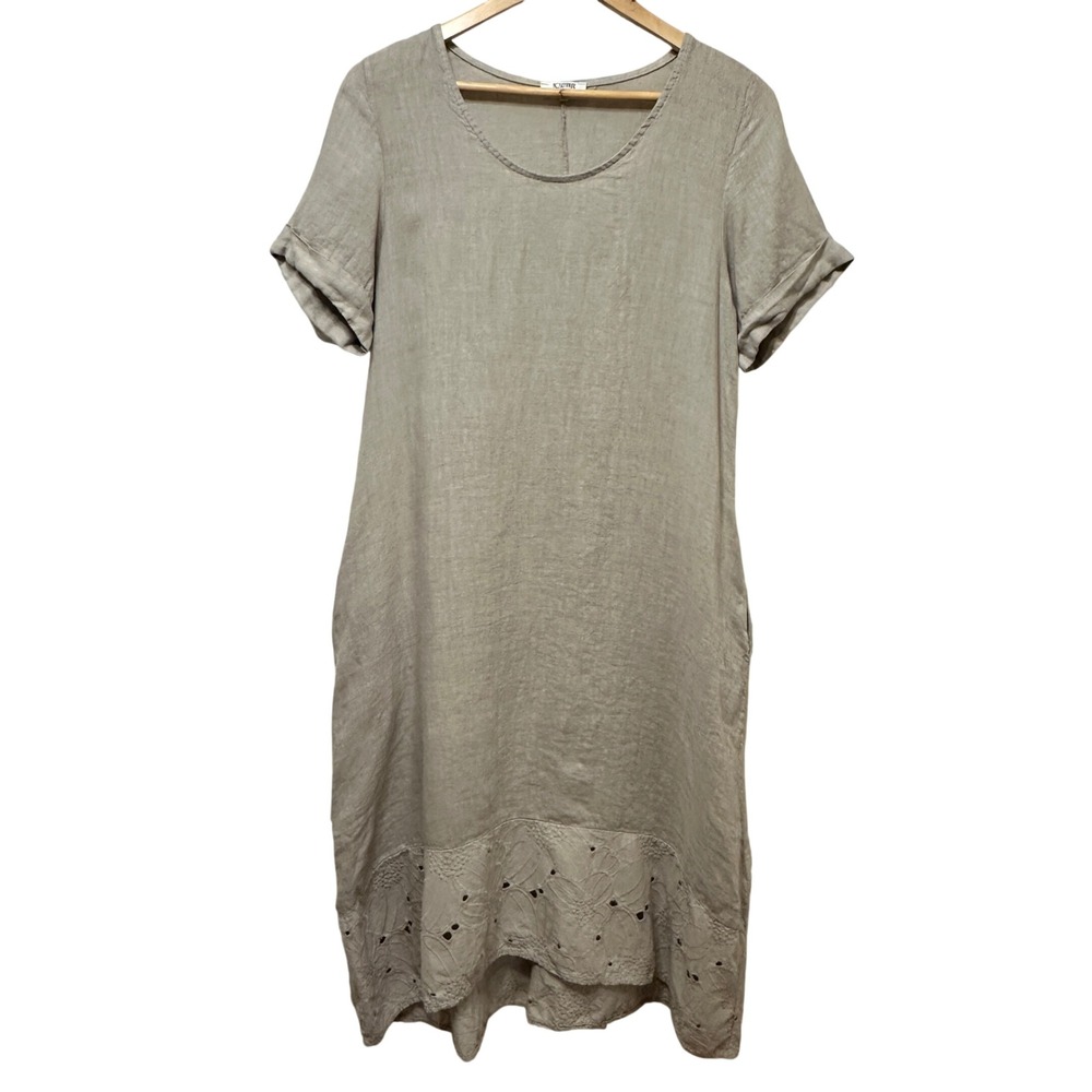 Rosemarine Linen Midi Dress Womens S‎ Beige Eyelet Hem Made in Italy Lagenlook